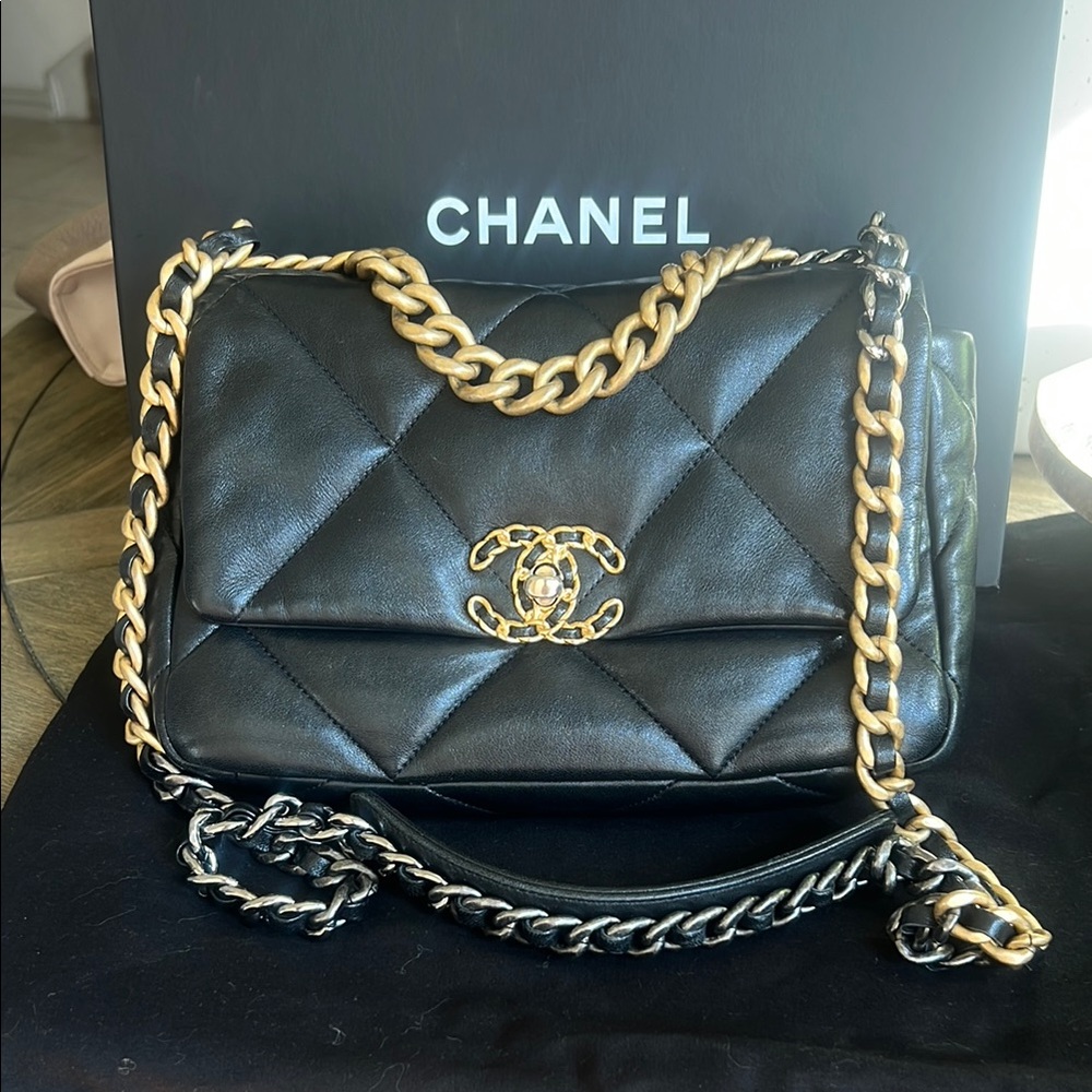 Authentic Chanel 19 small Black and Gold Quilted Shoulder Bag with Chain Strap